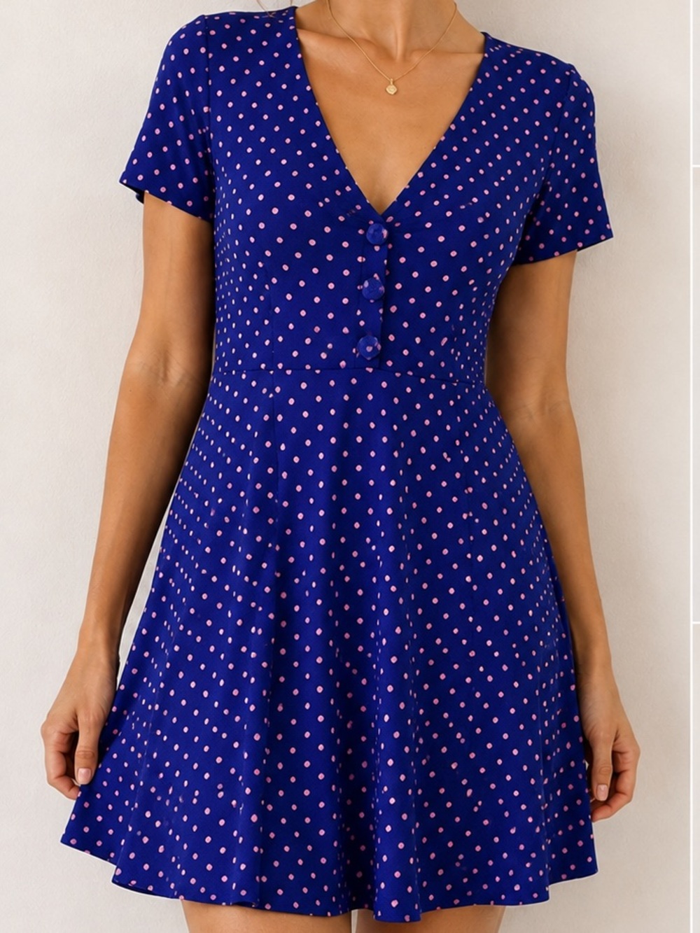 ZARA Blue Pink Polka Dot V-Neck Mini Dress